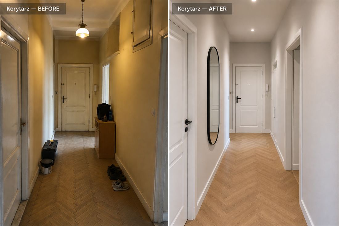 Korytarz w mieszkaniu w Poznaniu przed remontem i po remoncie